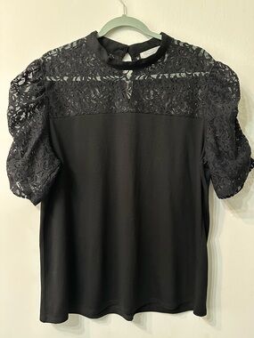 Shannon Ford New York Blouse 1X Black Lace Top Puff Sleeve Mock Neck Plus Size